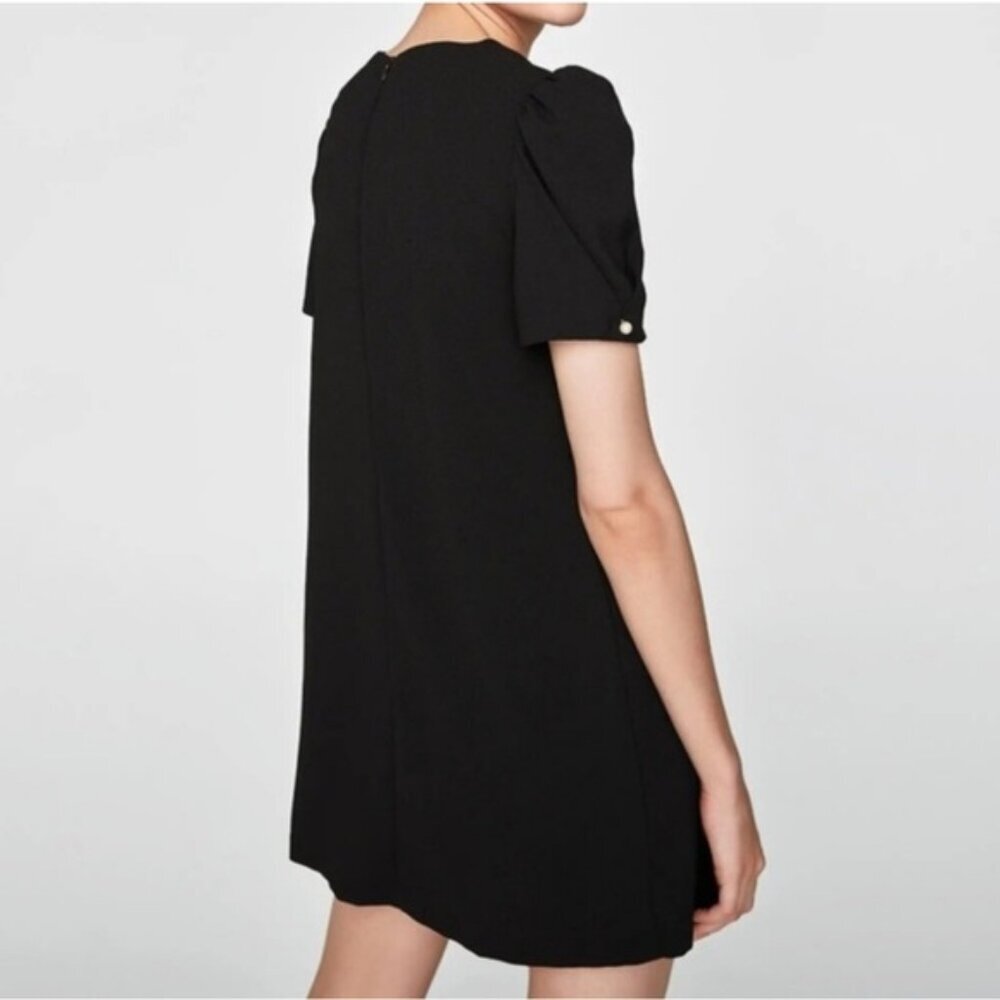 Zara Women's Black Puffer Short Sleeve Pearl Accent Mini Dress